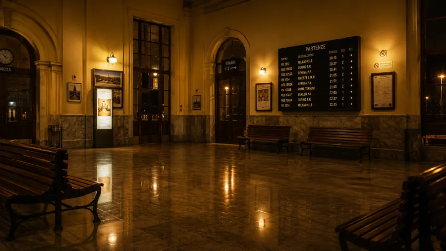 La sala d'attesa deserta di una stazione ferroviaria